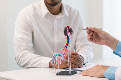 healthcare provider explains a prostate and urinary system model during a medical consultation.