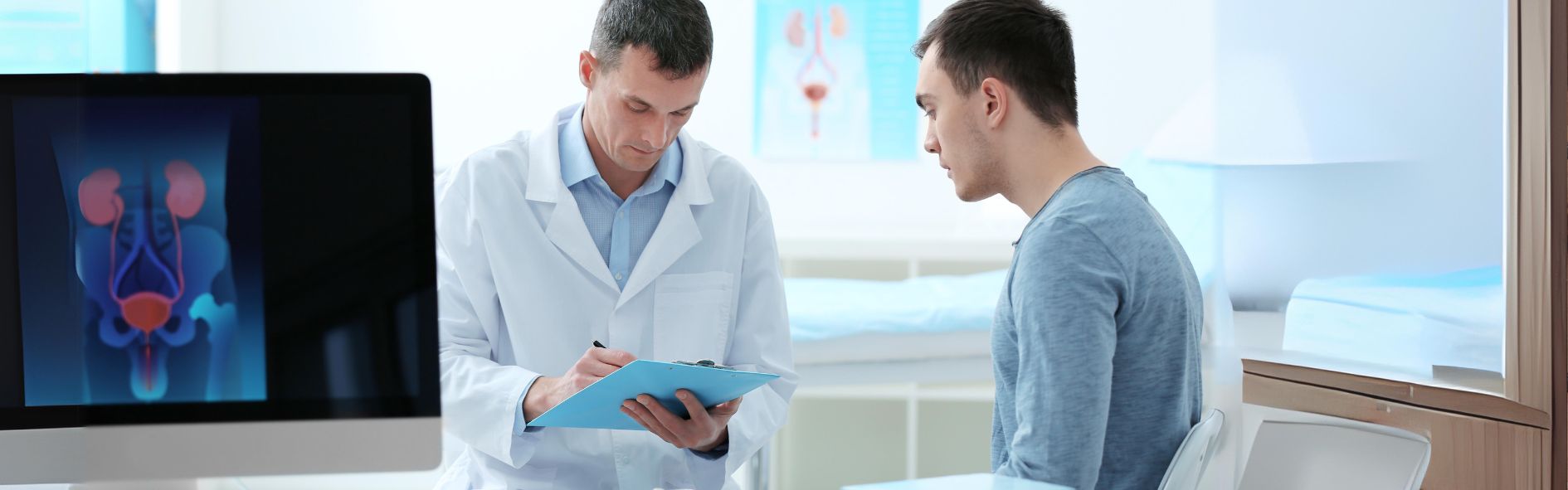 Physician reviews medical notes with a male patient what is prostate cancer